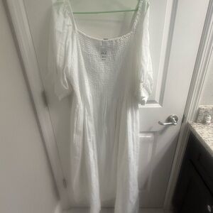 White Smocked Puff-Sleeve Maxi Dress -